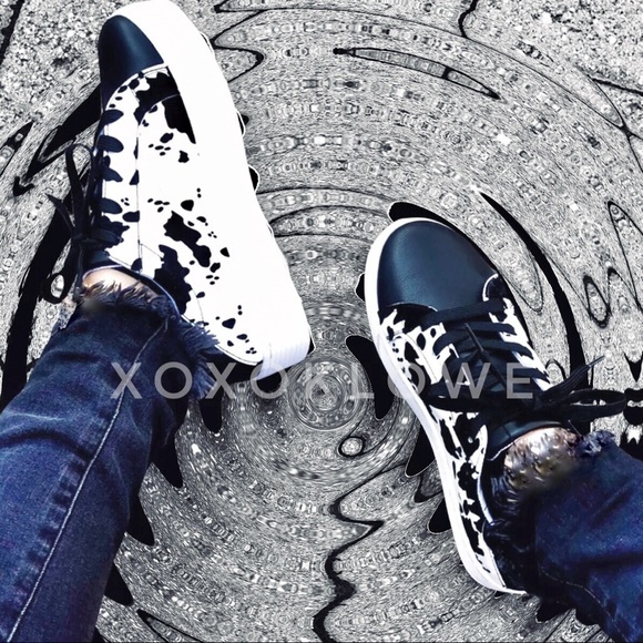 Qupid Black White Cow Print Sneakers | Vegan Suede Platform Lace Up - Picture 1 of 10